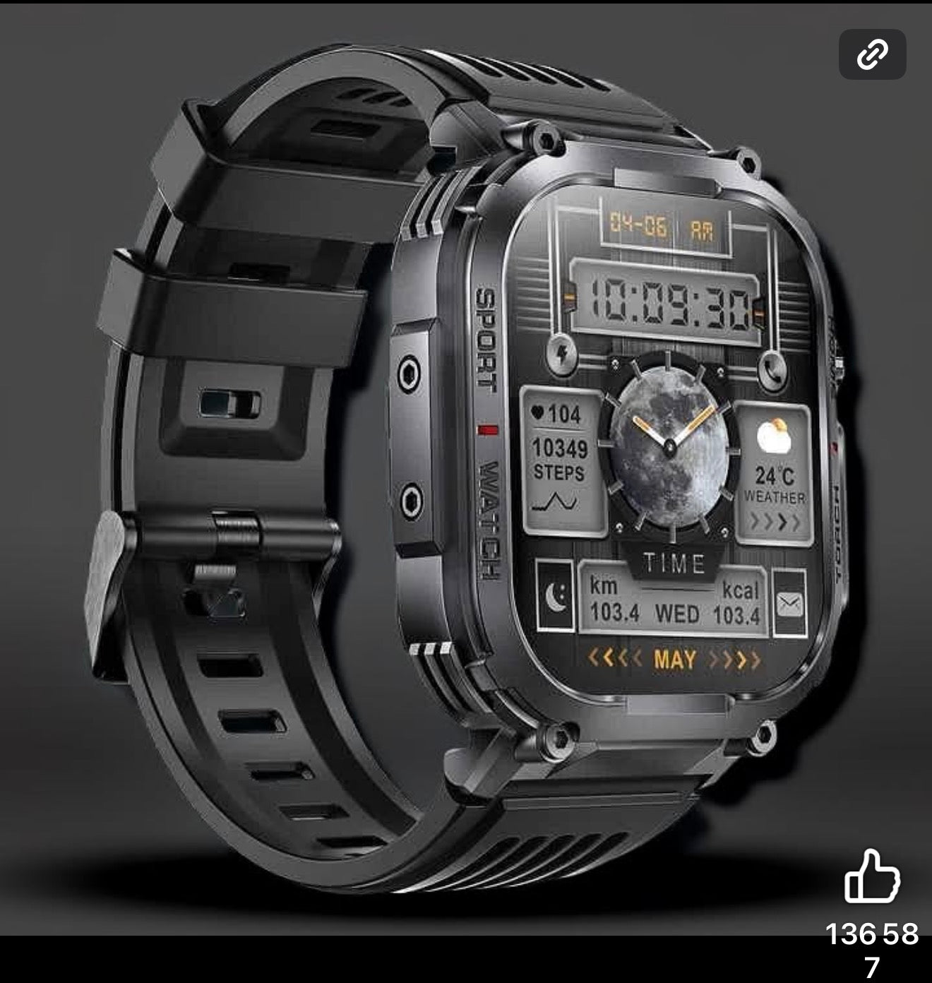 Montre connectée S320B pour homme, écran TFT 2,02 pouces, fonction lampe torche, forme carrée, sport, fitness, compatible iOS et Android
