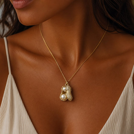 Collier tendance avec pendentif perle et cacahuète, chaîne simple en acier inoxydable motif vague d'eau
