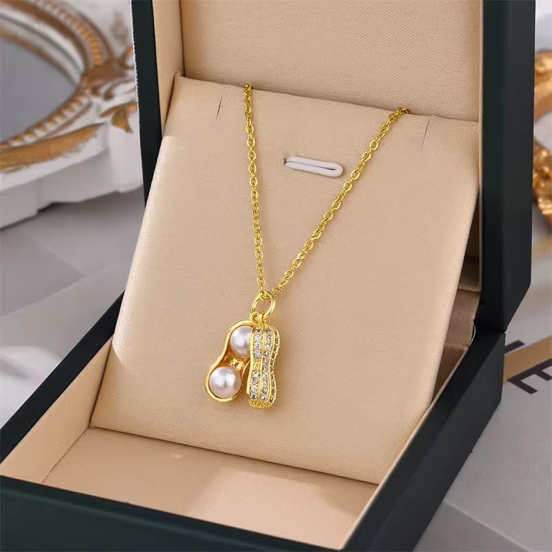 Collier tendance avec pendentif perle et cacahuète, chaîne simple en acier inoxydable motif vague d'eau